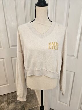 aerie Cream V-Neck Cropped Pullover with Yellow Chest Print